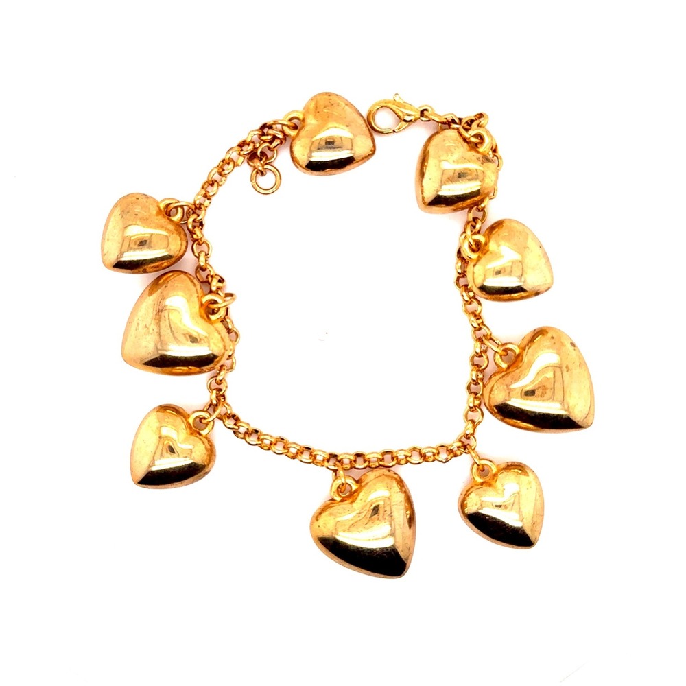 Vintage Gold Tone Puffed Heart Charm Bracelet 8 Inch Chunky Cable Chain